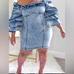 Plus Size Blue Stone Wash Denim Ruffle Sleeve Dress